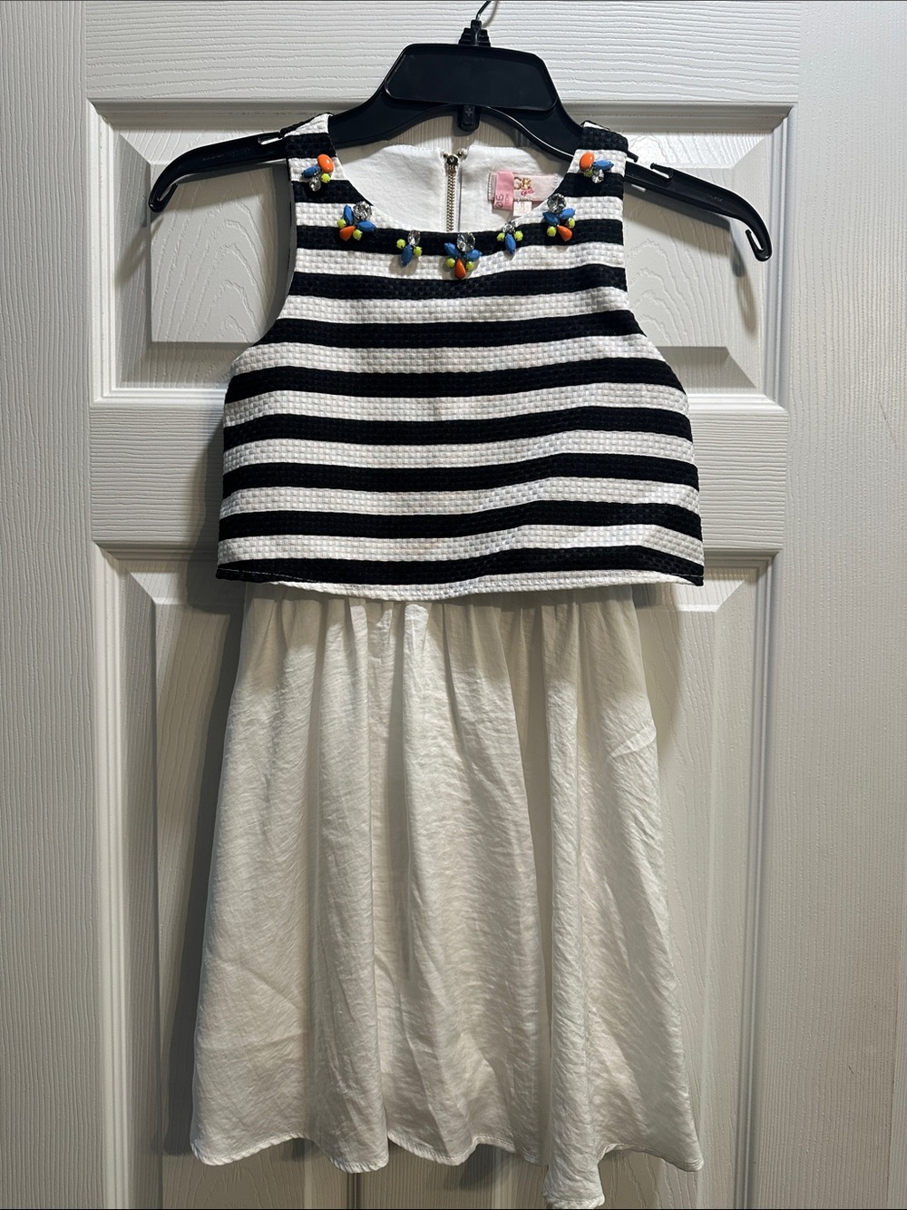 GB Girls Black and White Striped Dress with Colorful Bead Accents